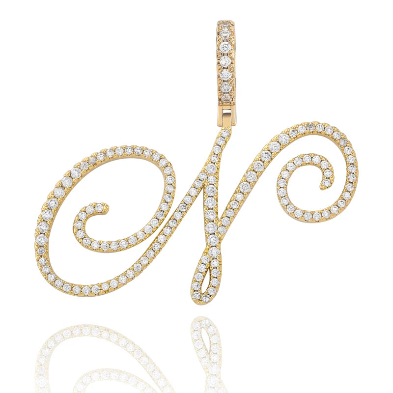 TOPGRILLZ New A-Z Cursive Letters Name Pendant&Necklace Iced Out Cubic Zircon Gold Silver Color Charm  Hip Hop Jewelry