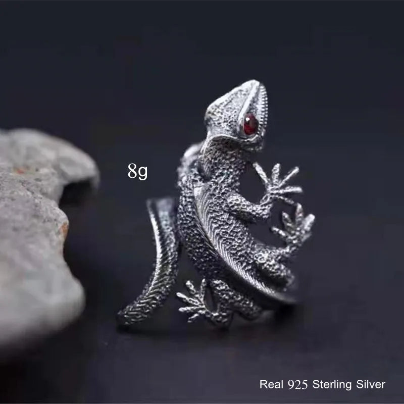 Buyee 925 Sterling Silver Male Unique Ring Finger Gray Lizard Animal Open Ring for Men Fashion Punk Big Fine Jewelry Circle