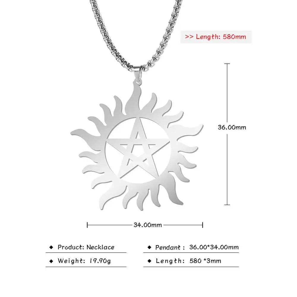 COOLTIME Supernatural Sun Pentagram Pendant Necklace for Women Men Stainless Steel Hollow Star  Box Chain Necklaces Couple Gifts