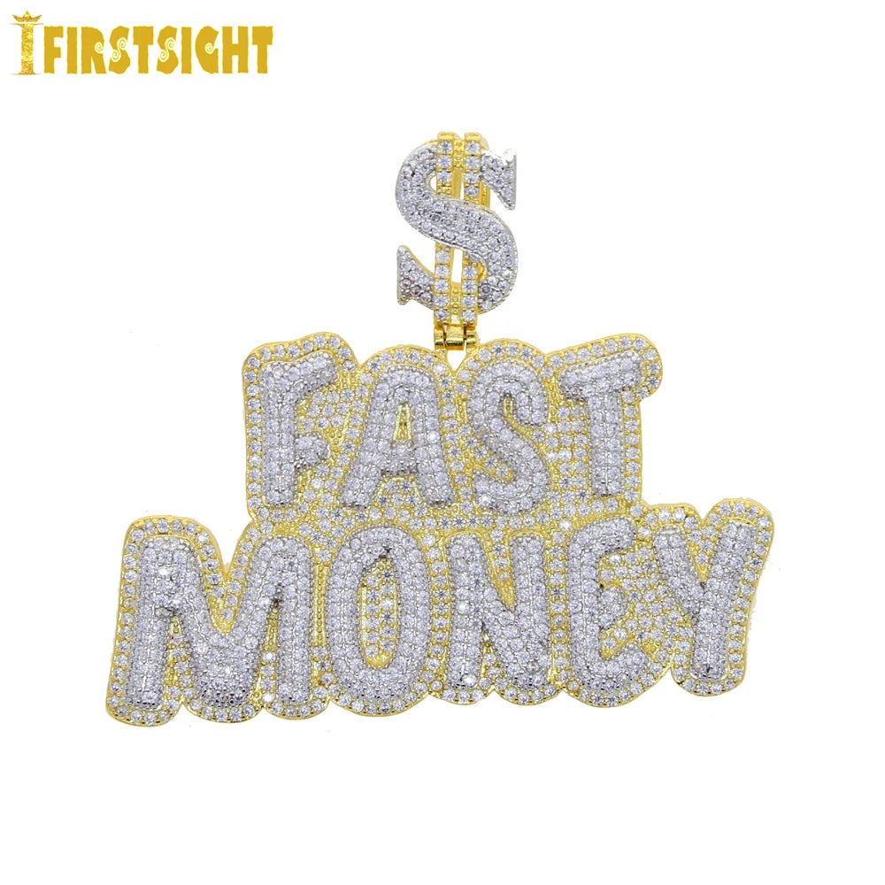 New Iced Out Bling Crown Letters Money Pendant Necklace Two Tone Color CZ Zircon Dollar Symbol Necklaces Men's Hip Hop Jewelry