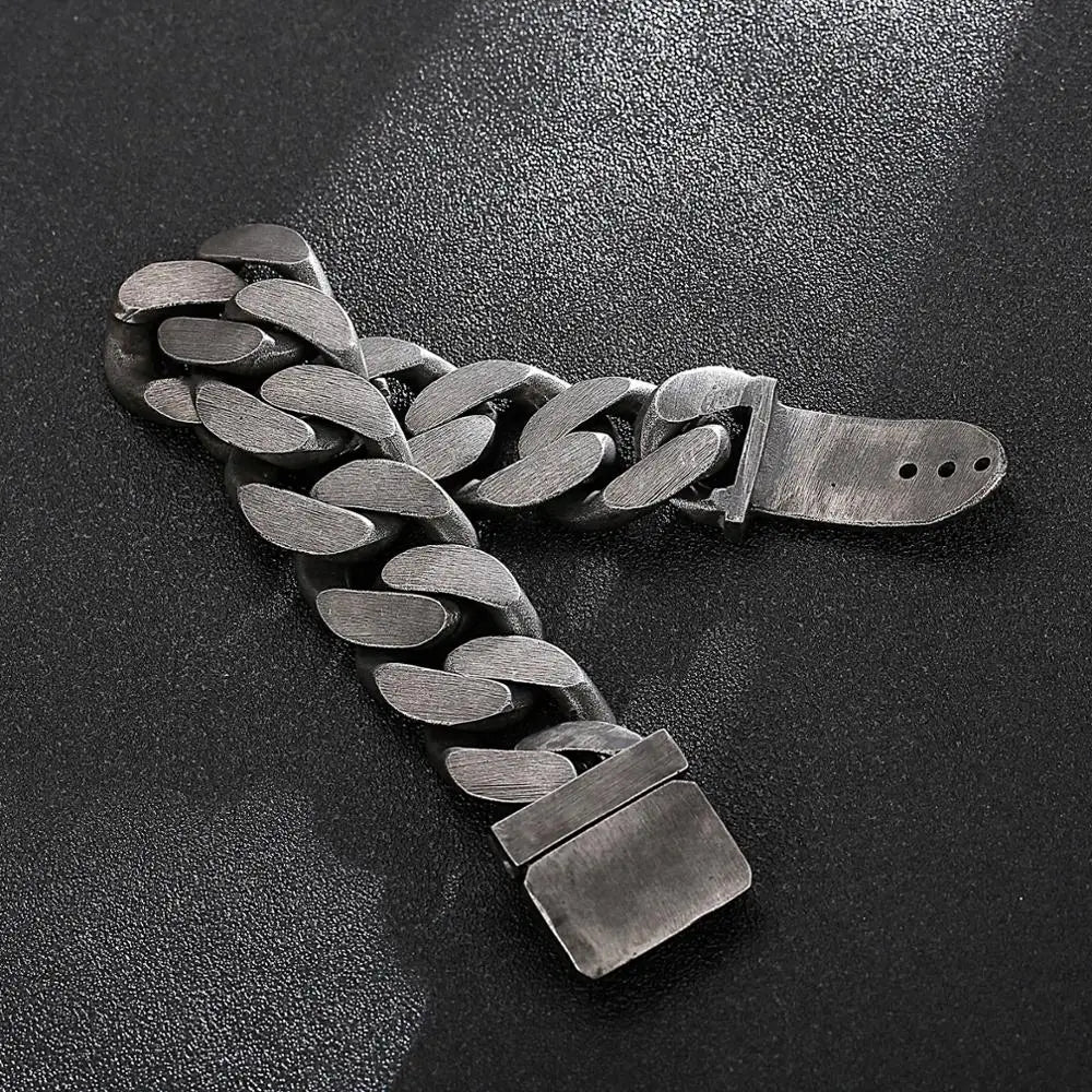 Fongten Heavy Black Metal Punk Wide Cuban Link Chain Men Bracelet Stainless Steel Fashion Biker Male Accessories