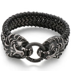 Vintage Double Wolf Lion Head Men's Bracelets Gothic 23CM Long Braided Genuine Leather & Stainless Steel Skull Bracelet