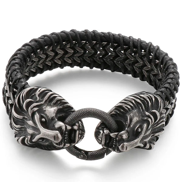 Vintage Double Wolf Lion Head Men's Bracelets Gothic 23CM Long Braided Genuine Leather & Stainless Steel Skull Bracelet