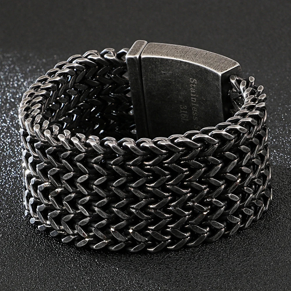 12/18/30MM Wide Black Stainless Steel Bracelet Men 23CM Retro Massive Mens Charm Bracelets 2020 Friendship Mens