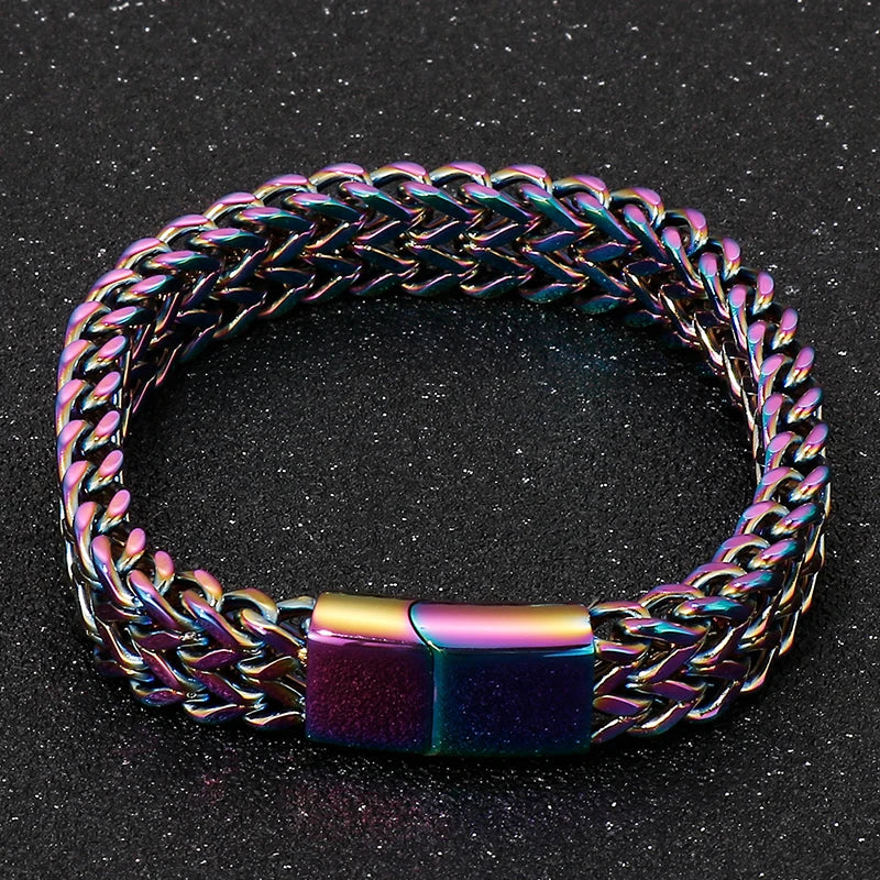 Mens 12MM Width Double Row Chain Wrist Bracelets 6 Color Stainless Steel Bracelet for Man Handles With Magnet Clasp