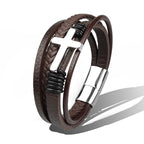 Charm Stainless Steel Leather Cross  Brown/black Bracelet Men Hiphop Jewelry Magnetic Clasp Mutilayer Male Cuff Wrap Bangle Gift
