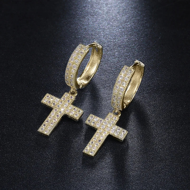 Iced Out Cross Drop Huggie Hoop Earrings with CZ Crystal