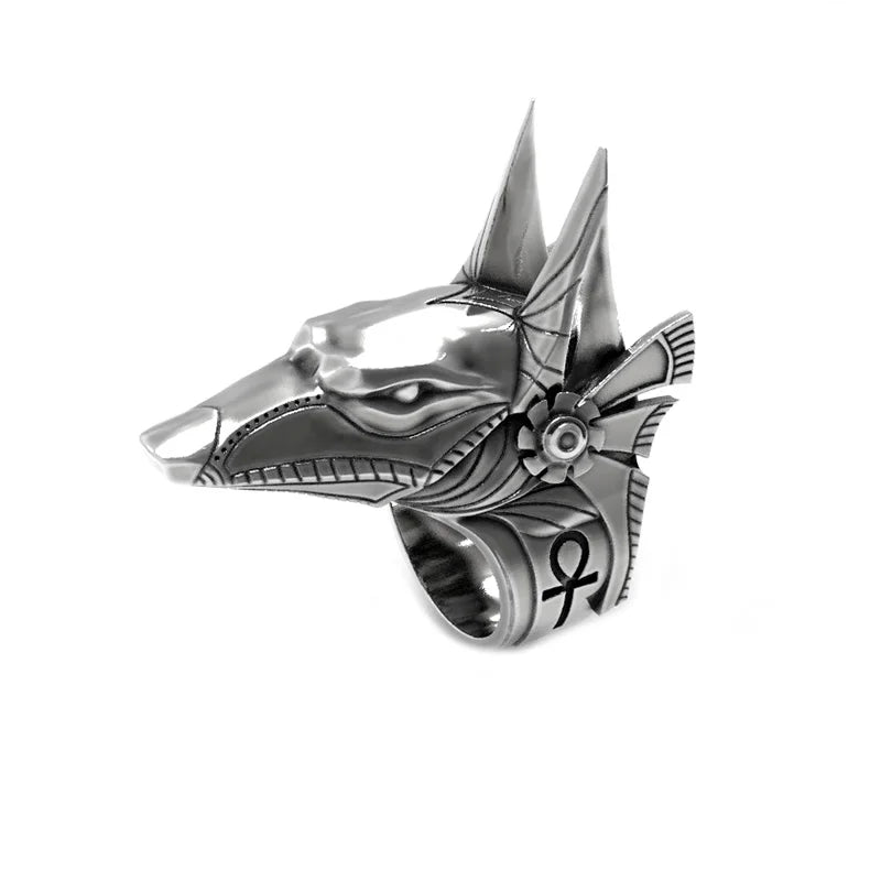 BEIER Stainless Steel Egypt Cross Anubis God Finger Rings For Men Punk Wolf Head Knuckle Ring Statement Retro Jewelry BR8-360