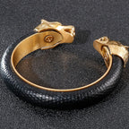 Gold Color Stainless Steel Lion Head Open Bangles For Men Elastic Adjustable Leather Bracelets Boys Hand Accessories