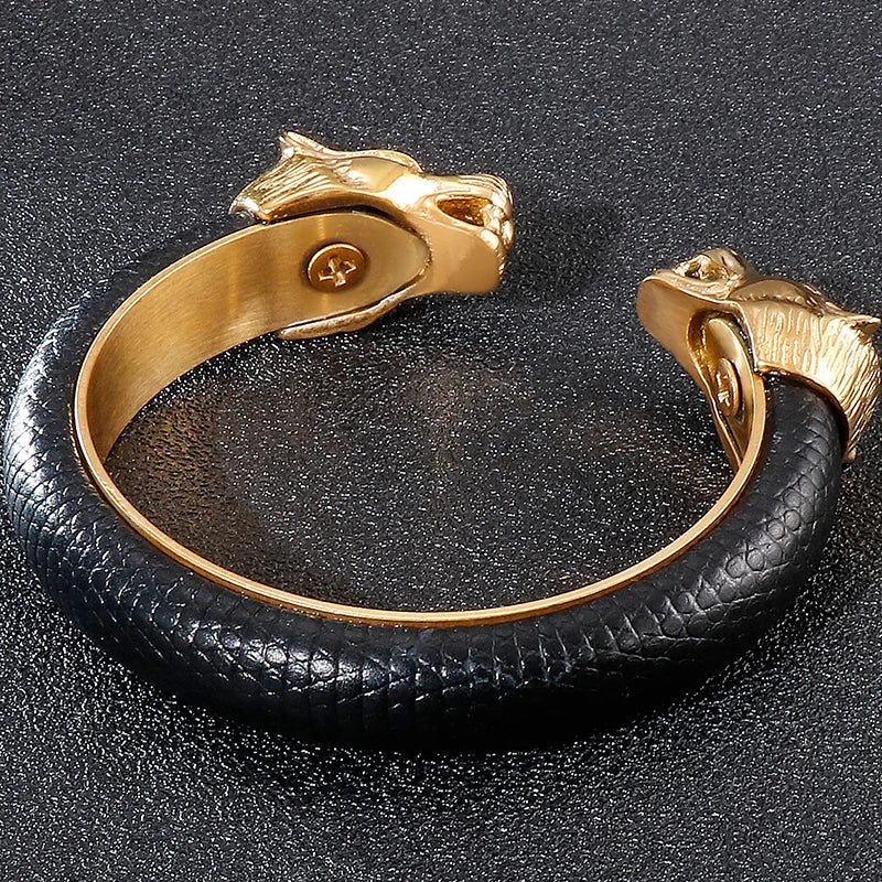 Gold Color Stainless Steel Lion Head Open Bangles For Men Elastic Adjustable Leather Bracelets Boys Hand Accessories