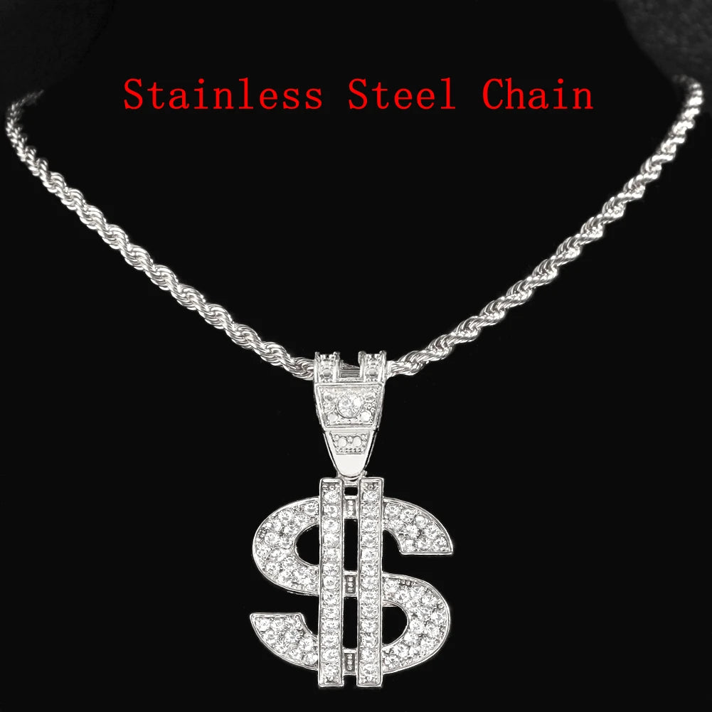 Iced Out Dollar Sign Cuban Pendant — Silver