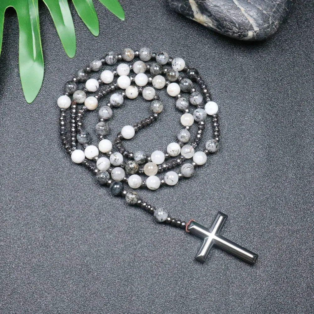 Tiger Eye Black Obsidian Rosary Cross Necklace — Black-Tone, 8mm