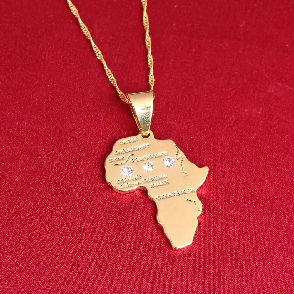 African Map Pendant Necklace — Gold-Tone, Engraved City Names