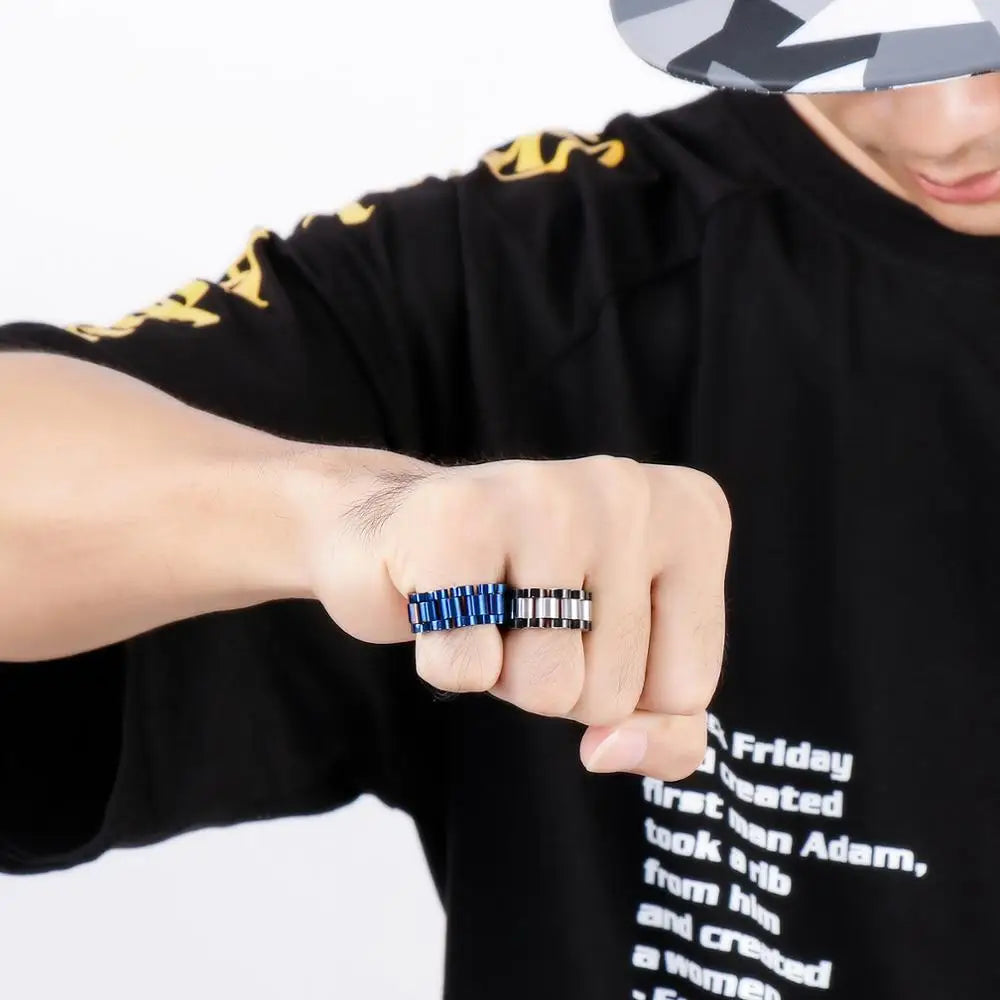 Fongten Retro Watch Link Chain Men Ring Stainless Steel Rock Biker Finger Men and Women Punk Couple Rings Fashion Jewelry Gift
