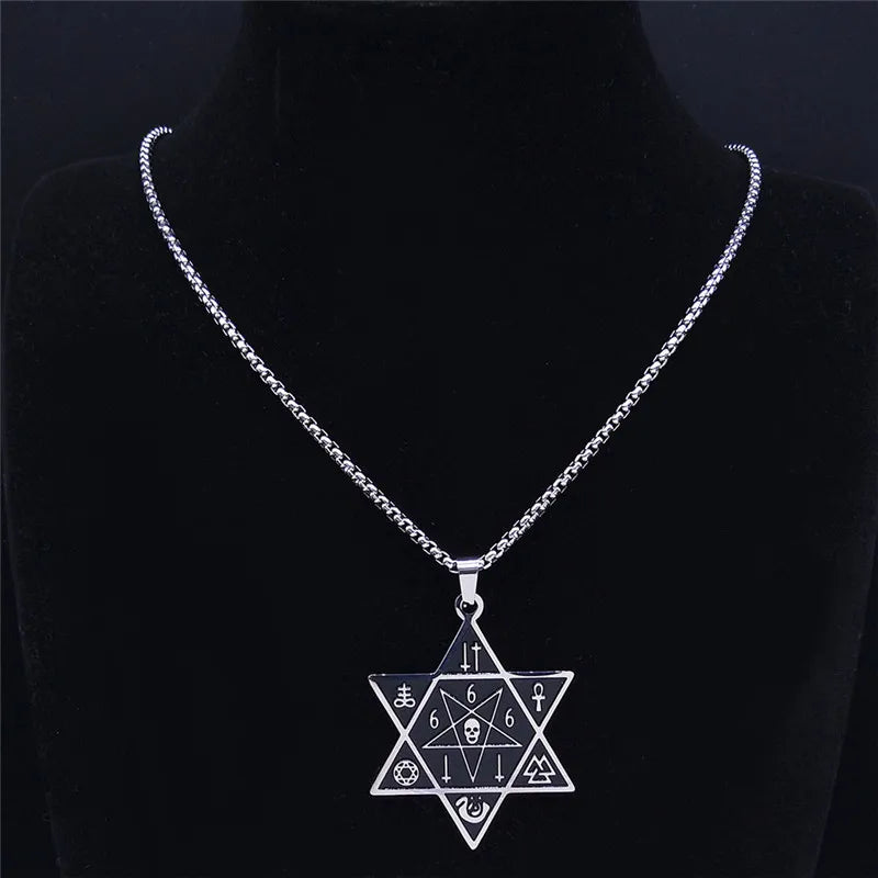 666 Skull Hexagram Pendant — Silver