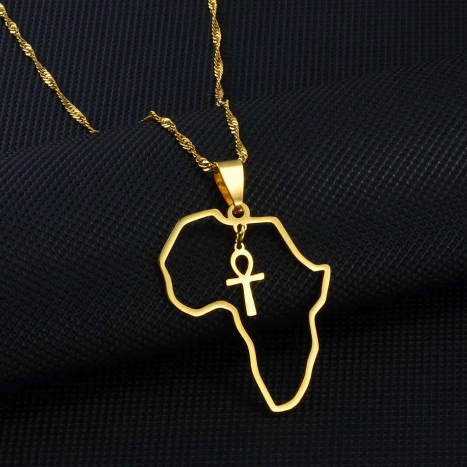 Egyptian Ankh Cross Africa Map Necklace — Stainless Steel