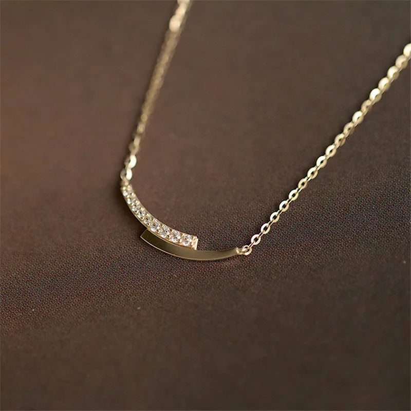925 Sterling Silver 14K Gold Plating Pavé Crystal Intersection Pendant Clavicle Chain Necklace Women Simple Jewelry