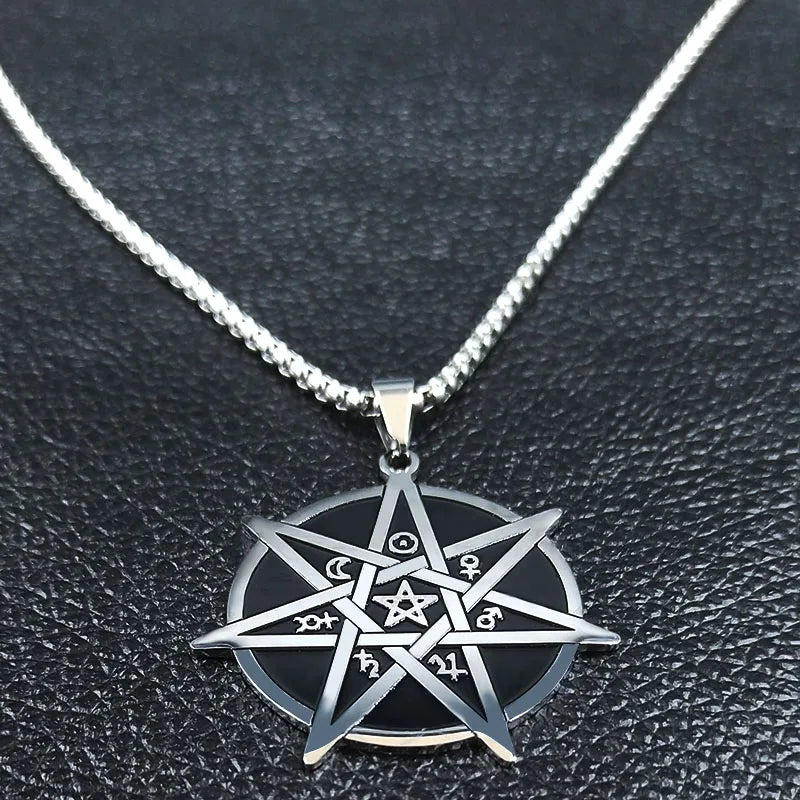 Seven-Pointed Star Heptagram Pendant Necklace — Steel