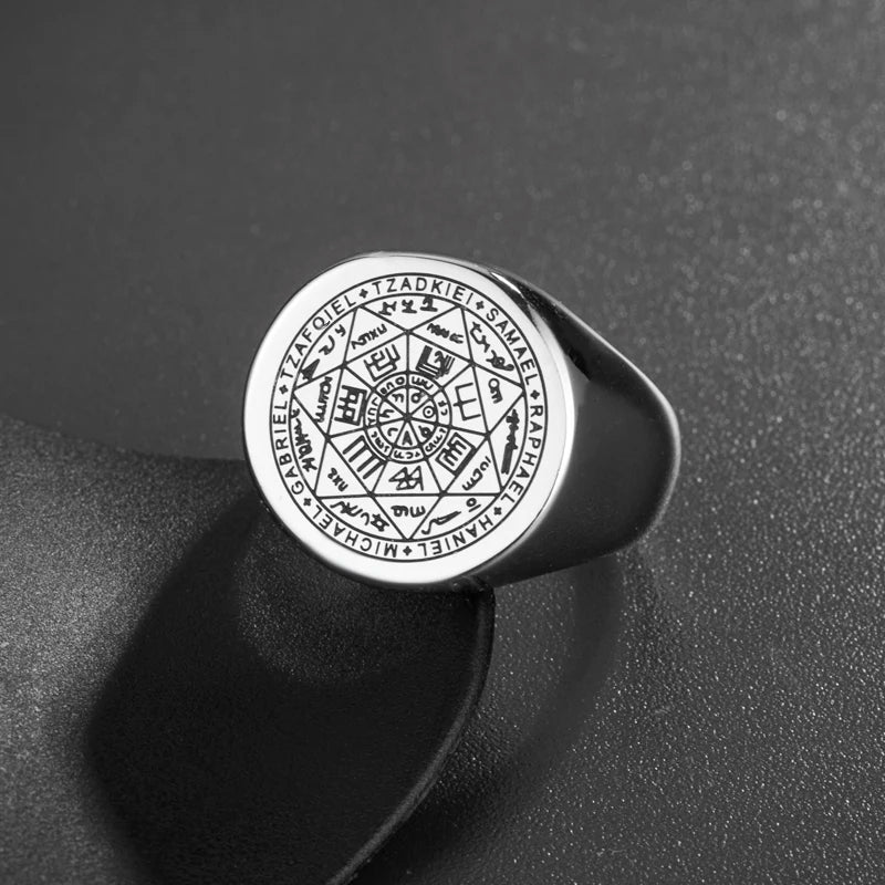Valily Seal of The Seven Archangels Rings Stainless Steel Silver--Color Saint Michael Ring Jewelry Engraving for Man