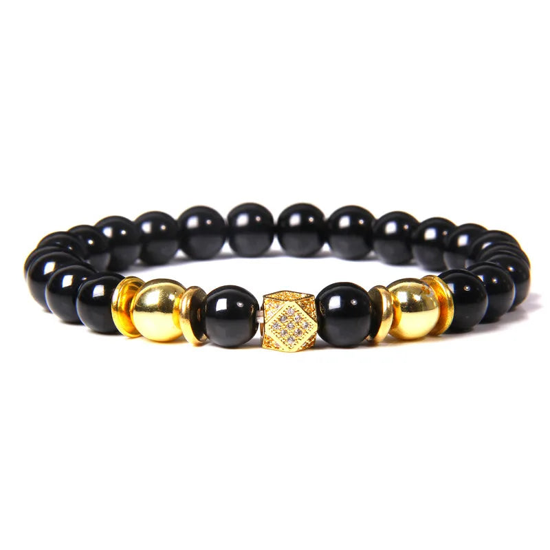 Black Beaded Round Metal Ball Bracelet for Men — Two-Tone