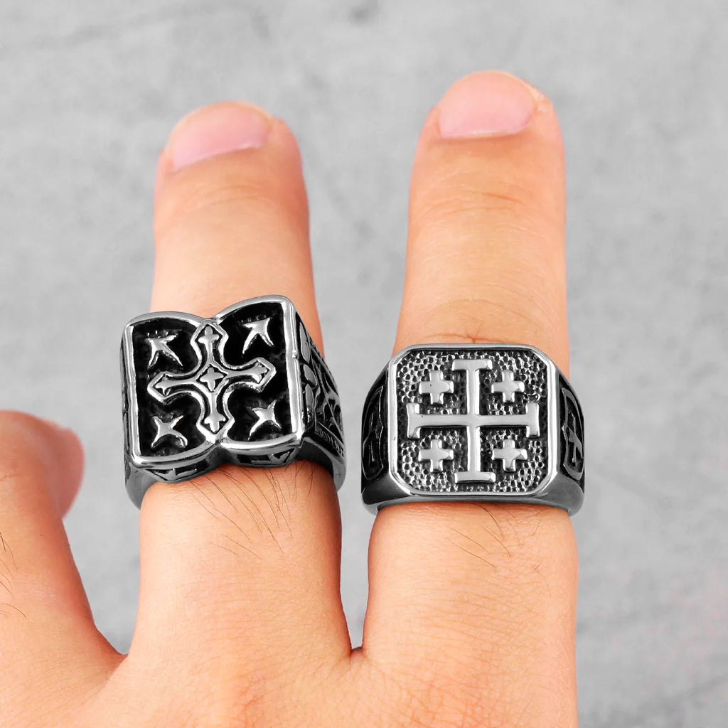 Jerusalem Cross Religion Stainless Steel Mens Rings Simple Retro for Male Boyfriend Biker Jewelry Creativity Gift