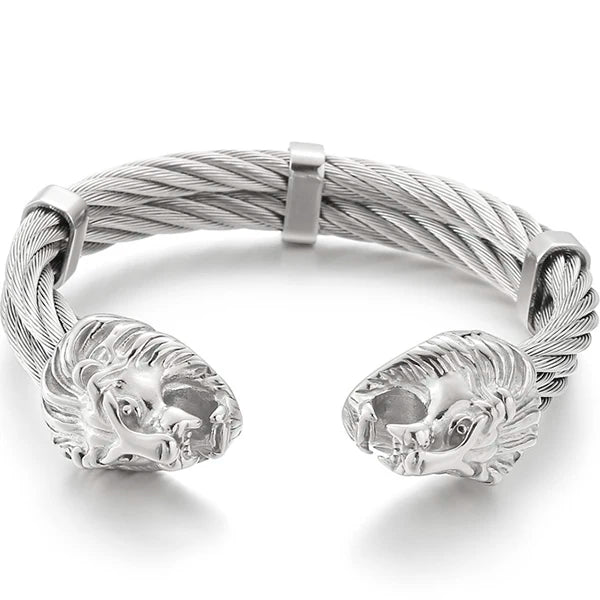 Gothic Gold Color Stainless Steel Wolf Lion Head Open Bangle Cuff Bracelet For Man Men's Boys On Hand Jewellery