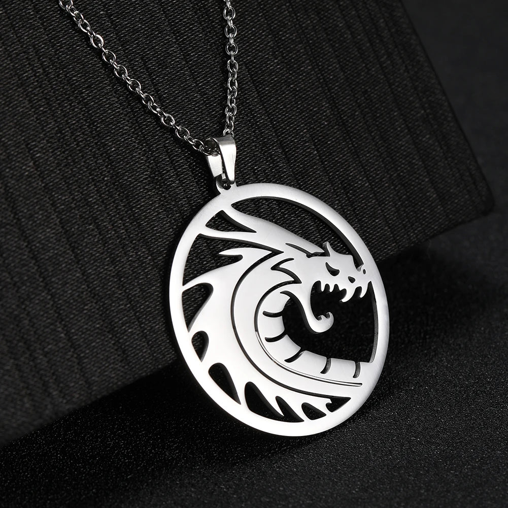 Skyrim Chinese Dragon Round Pendant Necklace 316L Stainless Steel Gold Color Statement Chain Necklaces Jewelry for Men