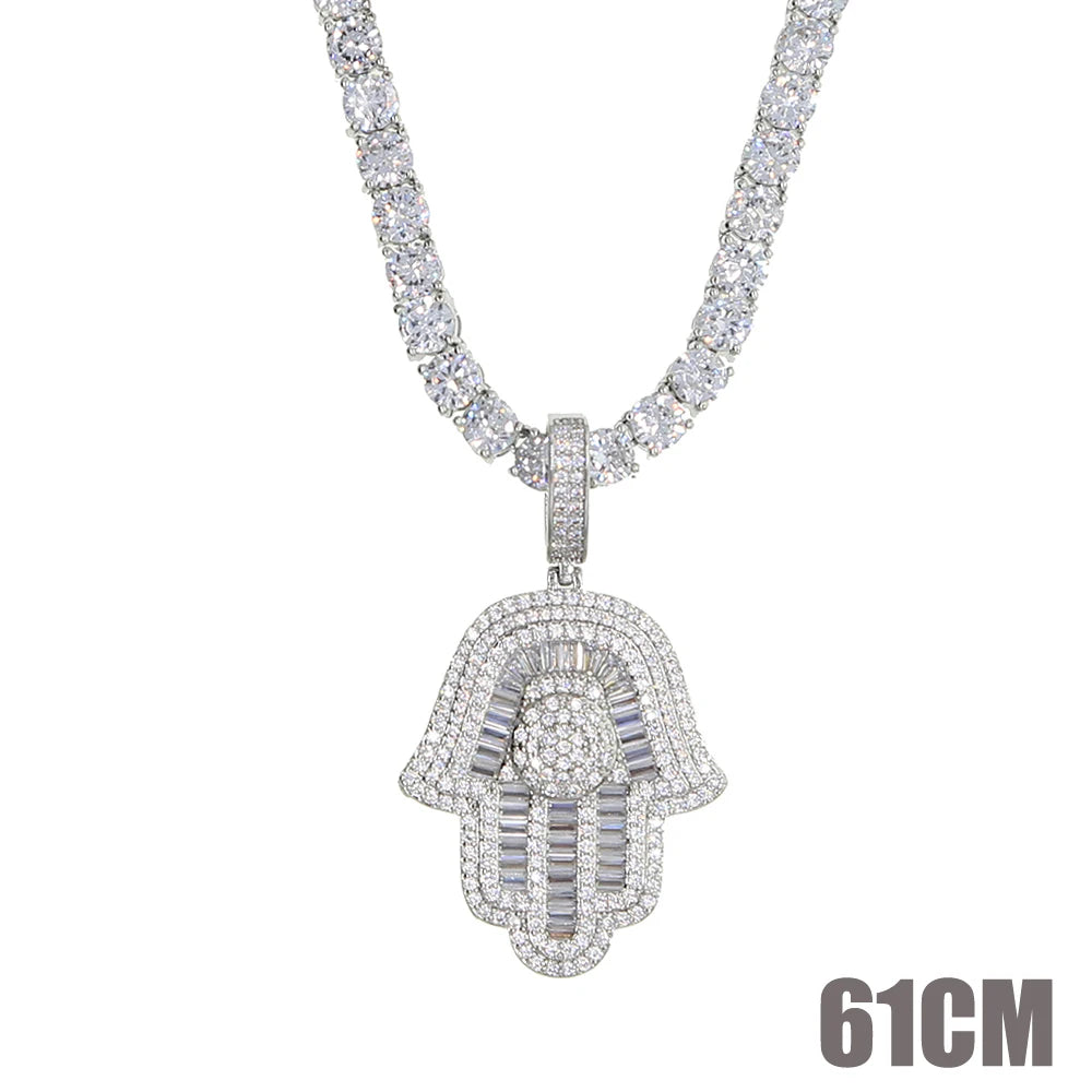 New Hamsa Hand Pendant Necklace 5mm Tennis Chain Hip Hop Iced Out Cubic Zirconia Sliver Color 5A CZ Stone Charm Jewelry