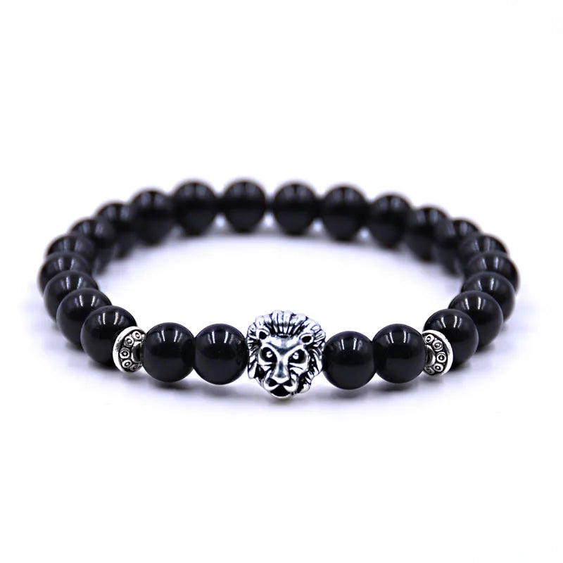 Classic Lion Head Beaded Bracelet — Black Matte & Color Beads