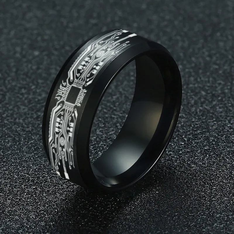 8mm Black Wedding Band Brushed Finish Circuit Board Pattern Laser Engraved Stainless Steel Ring for Men