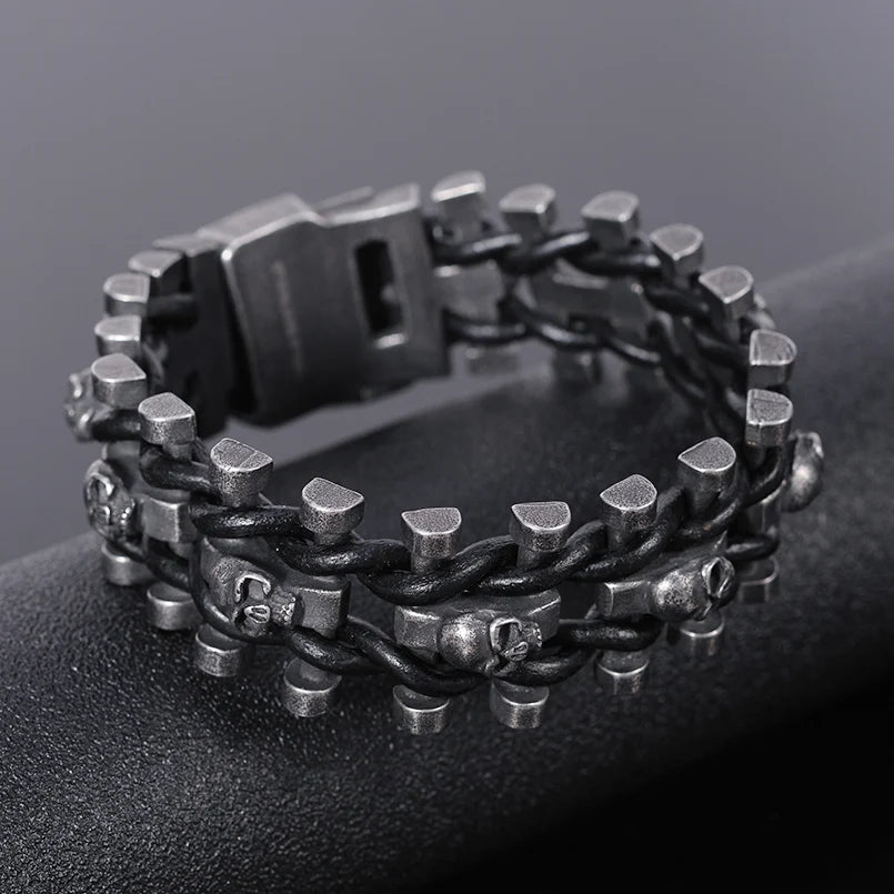 Steampunk Stainless Steel Skull Man Bracelet Hand Bands For Men Punk Rock Men's Leather Bracelets Gothic Mannen Armband