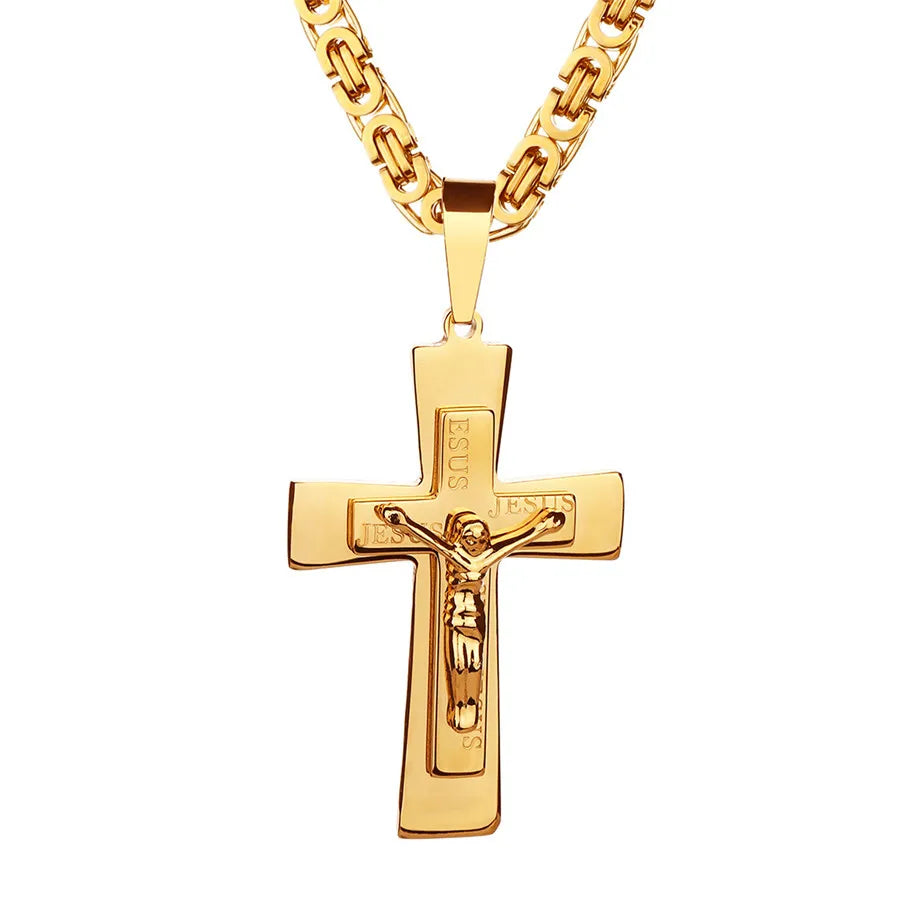 Men's Necklace Big Jesus Cross Pendant & Chain Men Gold Color Stainless Steel Christian Crucifix Necklace Male Religious Jewelry