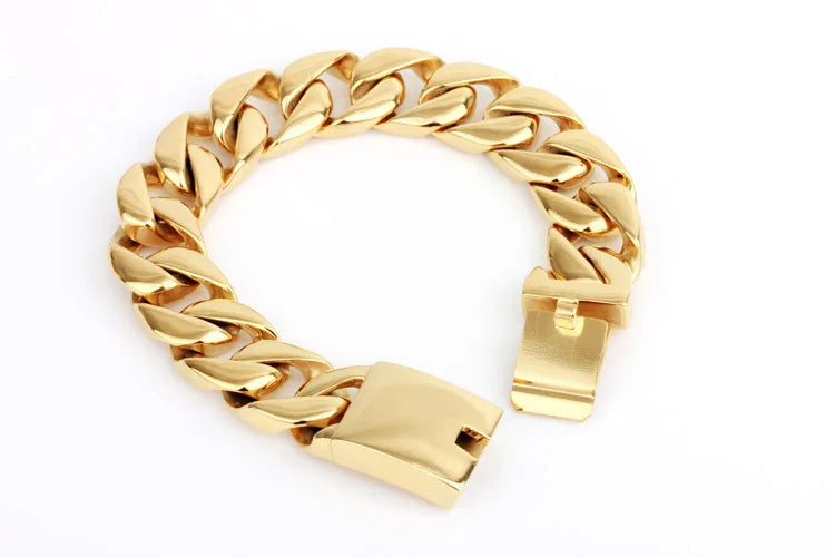 Gold Color Bracelet Men Luxury On Hand Male Jewelry 17MM Wide Stainless Steel Cuban Chain Men's Bracelets Best Friends