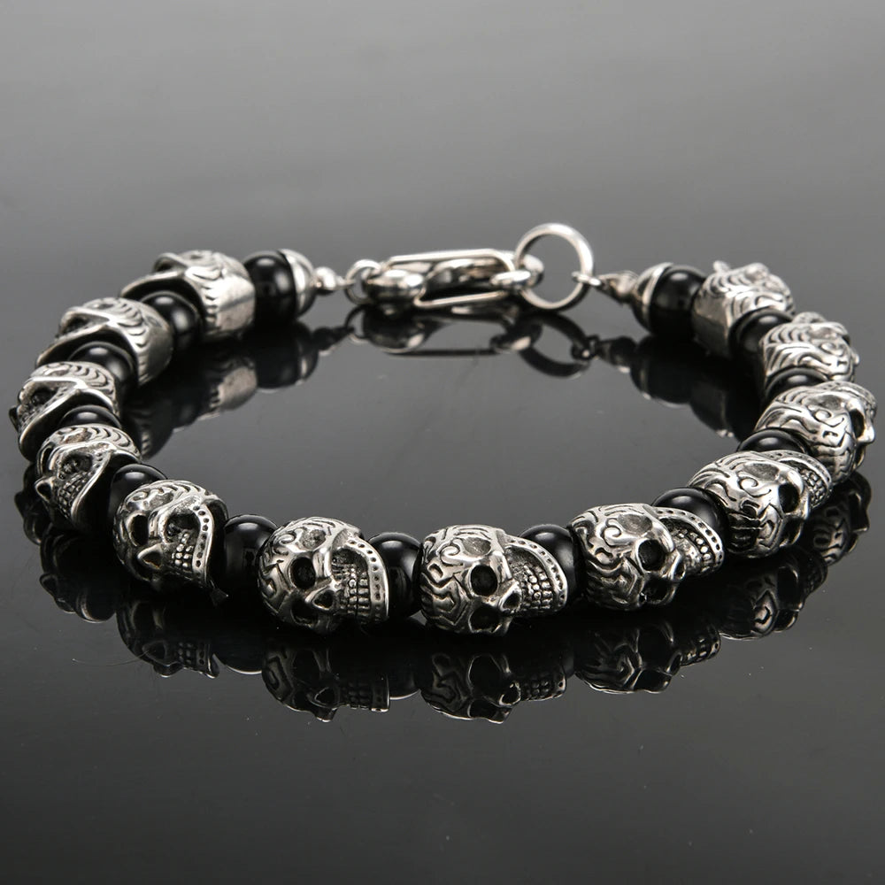 Gothic Stainless Steel Ghost Skull Heads Beads Bracelet for Men 8MM Natural Stone Men‘s Beaded Bracelets Rock Skeleton