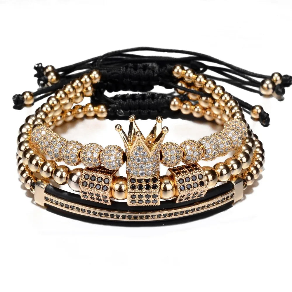 3pcs/Set Luxury Gold Color Beads Royal King Crown Dice Charm CZ Ball Bracelet Mens Fashion Bracelets & Bangles Multi