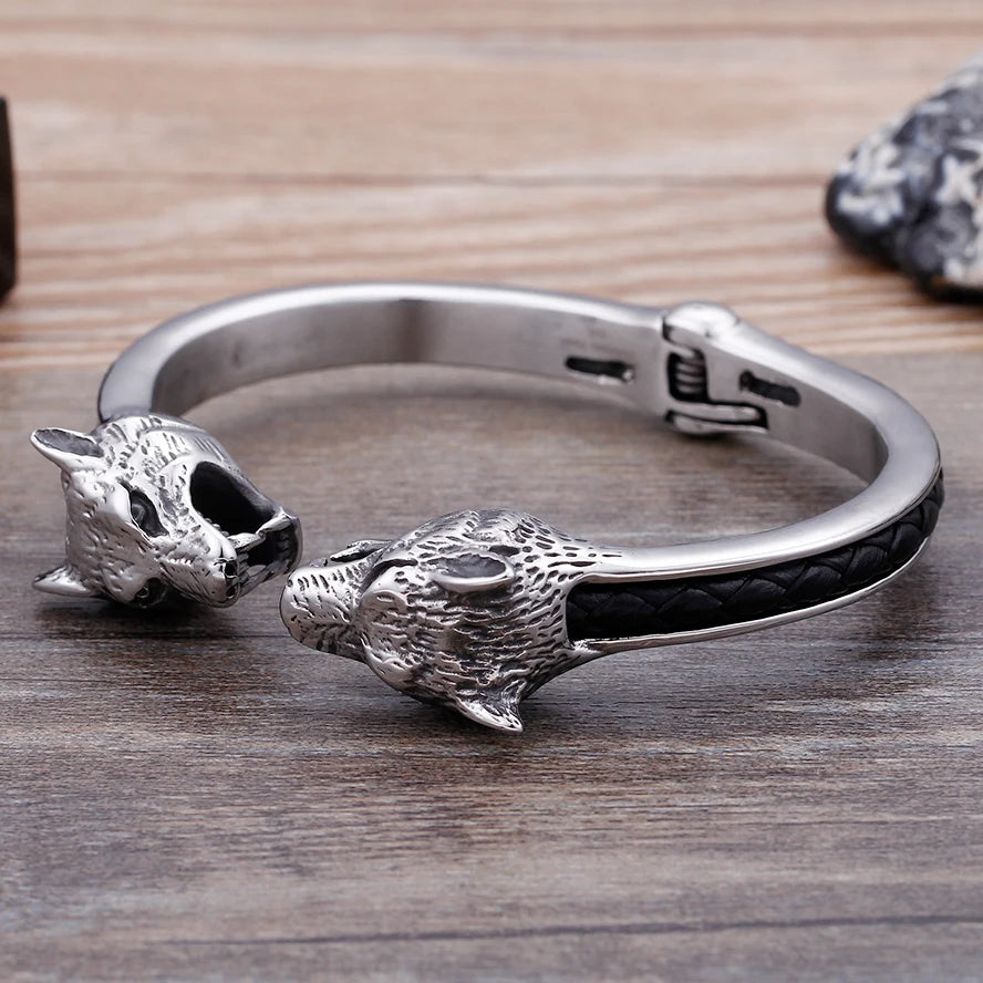Wolf Skull Head Open Bangles for Men Stainless Steel Mens Bracelets Jewellery Friendship Leather Cuff Bracelets For Man