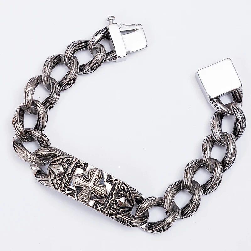 17MM Wide On Hand Cuban Link Chain Bracelet for Man Retro Stainless Steel Men's Cross Bracelets Cool Male Jewelry