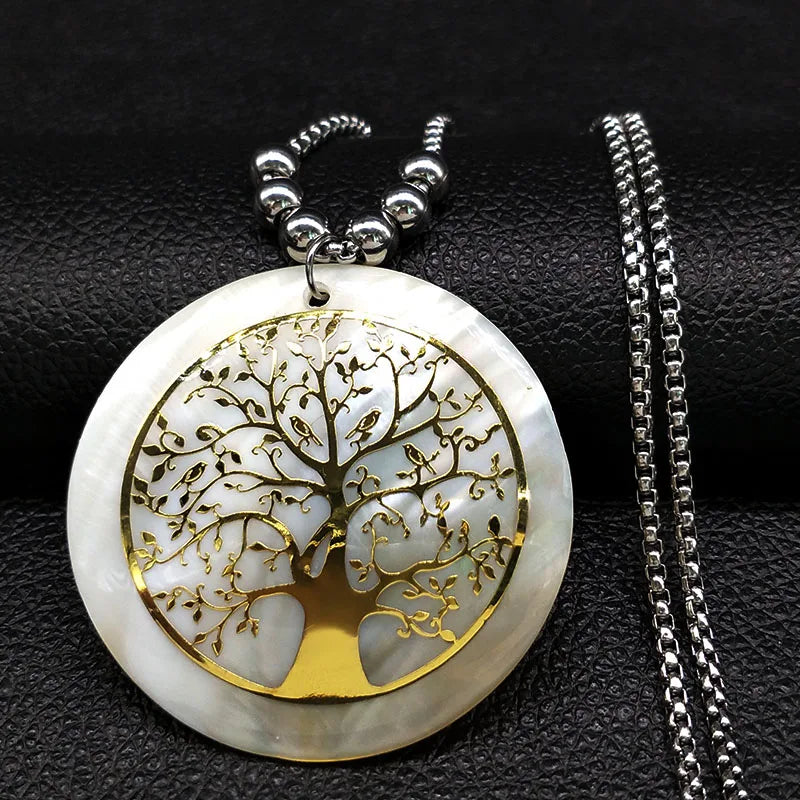 Tree of Life Gold Bead Necklace — Stainless Steel