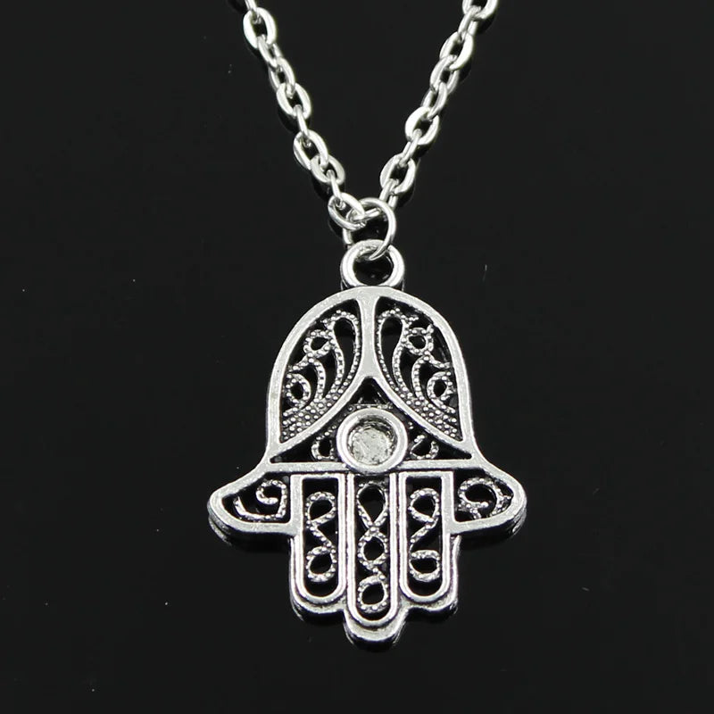 New Fashion Fatima Hand Hamsa Palm Protection Pendants Round Cross Chain Short Long Mens Womens Silver Color Necklace Gift