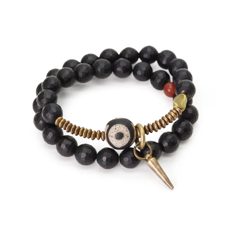 Three-Eyed Dzi Bead Double Wrap Elastic Bracelet 8mm Black