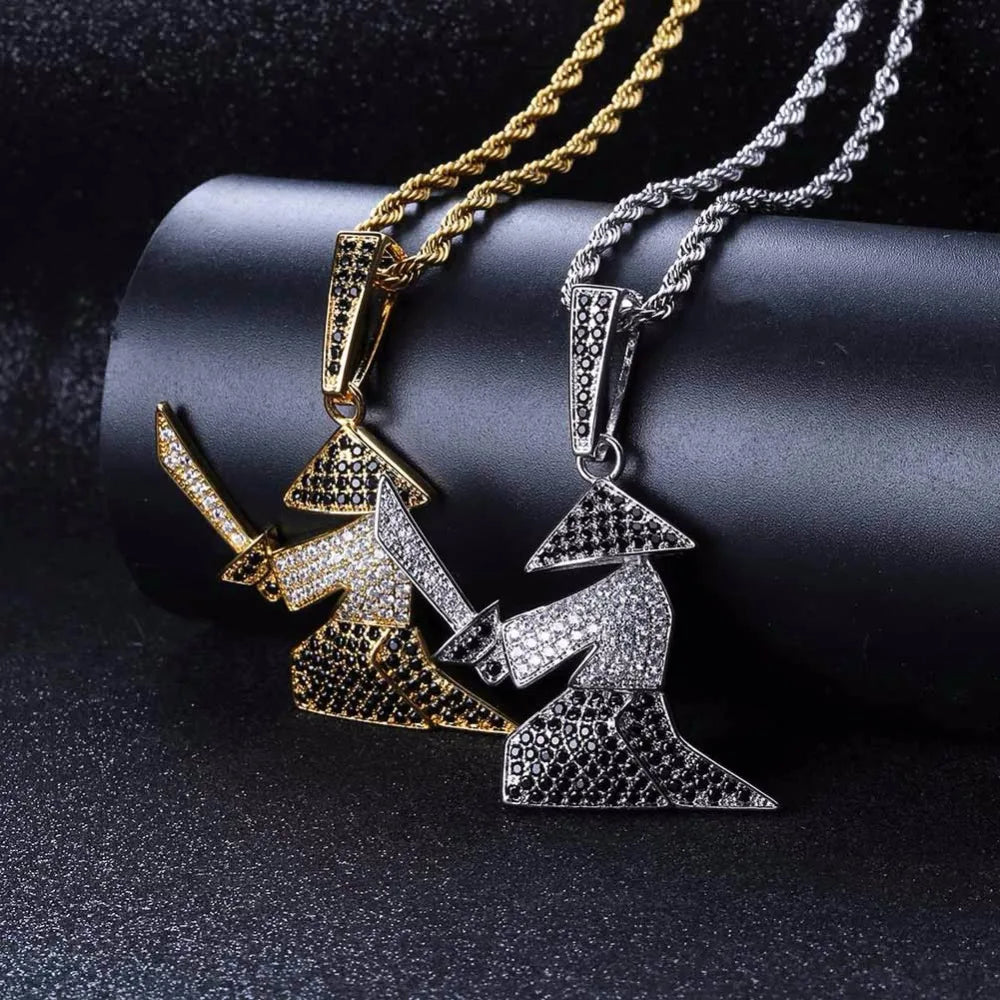 Micro Paved CZ Rhinestone Bling Ice Out Hats Samurai Oriental Warrior Pendants Necklaces for Men Hip Hop Rapper Jewelry