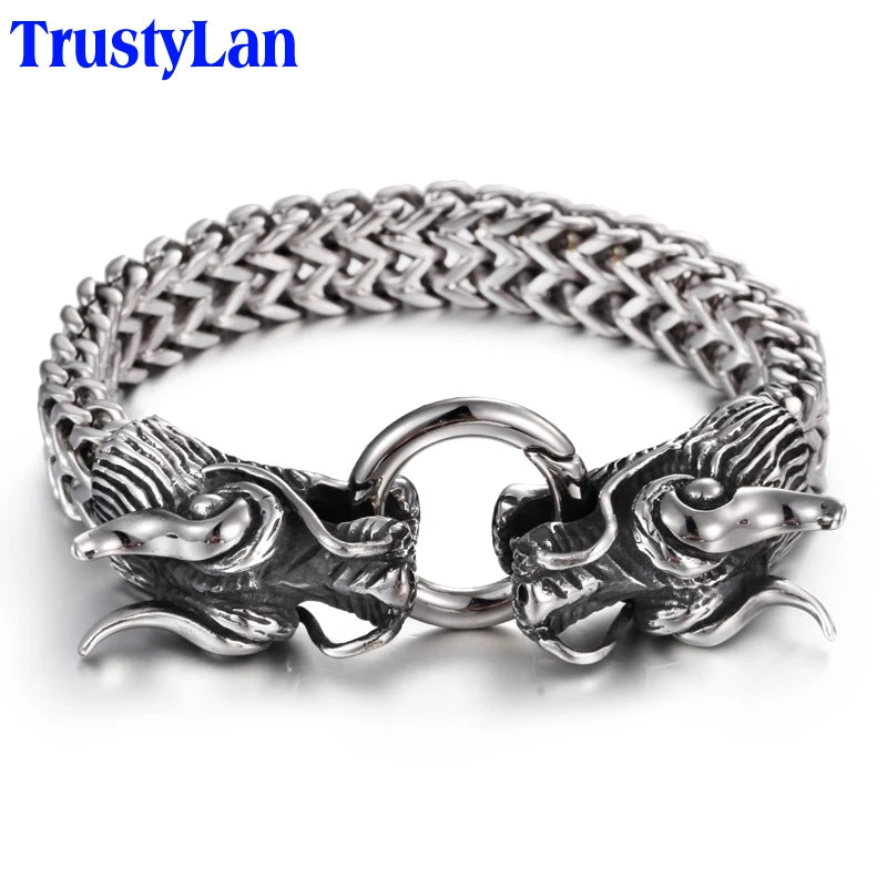 Stainless Steel Double Dragon Heads Bracelet for Man Gothic 20MM Chain Jewelry Accessory Bikers' Men’s Bangle On Hand
