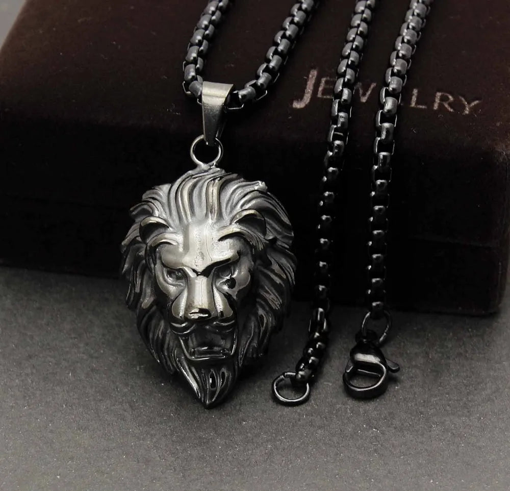 Hip Hop Silver /Gold/Black Color Lion Head Pendant Necklace For Men Luxury Stainless Steel Male Jewelry Friendship Gift