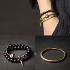 Three-Eyed Dzi Bead Double Wrap Elastic Bracelet 8mm Black
