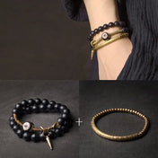 Three-Eyed Dzi Bead Double Wrap Elastic Bracelet 8mm Black