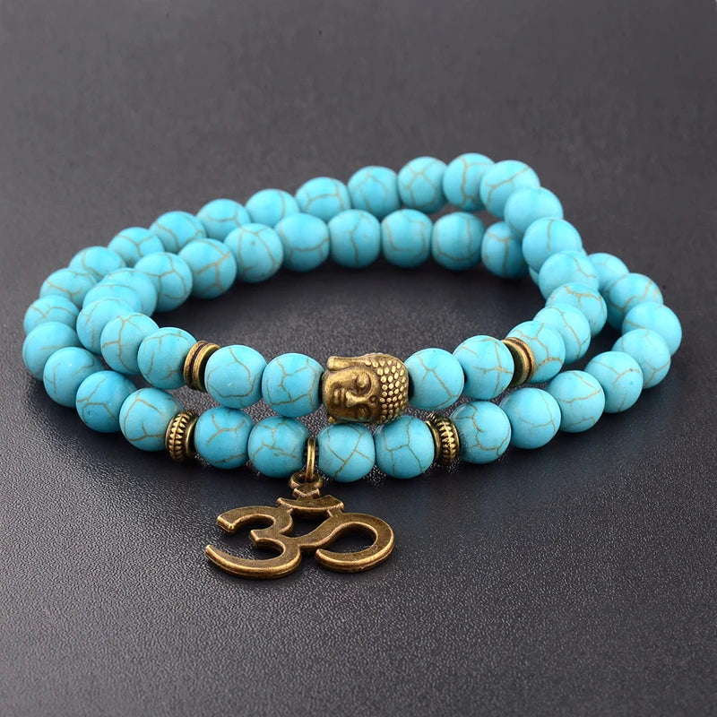 Buddha Head Beaded Bracelet — Black Stone Beads, Bronze-Tone