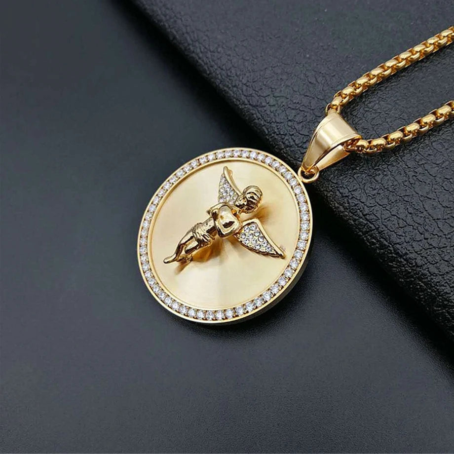 Hip Hop Iced Out Angel Wings Pendant Necklace For Women Men Gold Color Stainless Steel Round Necklace Bling Jewelry