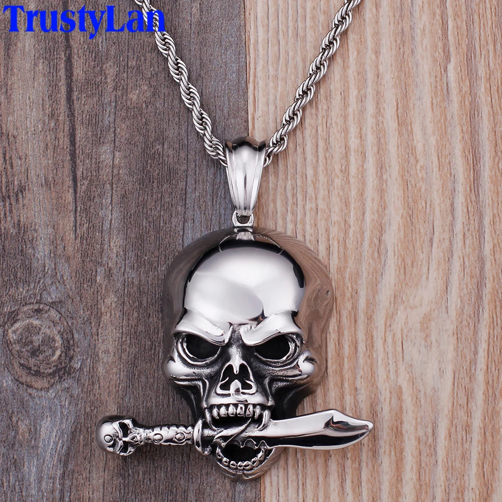 Rocker Skull Head Pendant Necklace For Men Jewelry Accessory Stainless Steel Best Friends Ghost Necklaces & Pendants