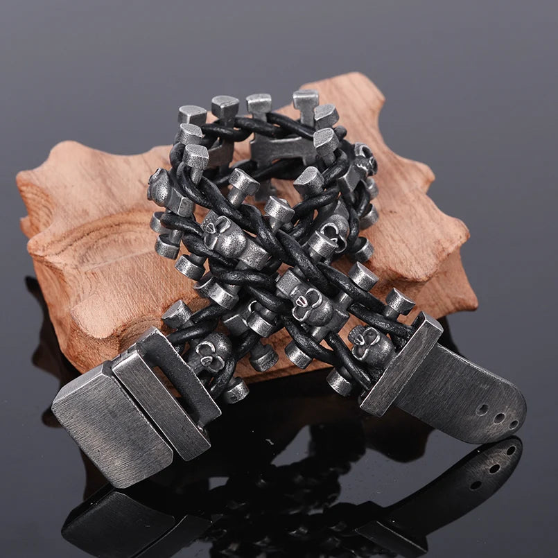 Steampunk Stainless Steel Skull Man Bracelet Hand Bands For Men Punk Rock Men's Leather Bracelets Gothic Mannen Armband