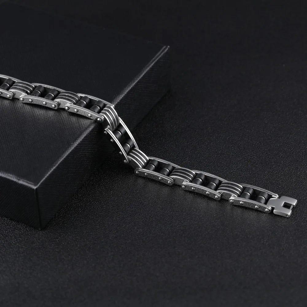 Cool 13MM Width Black Silicone Chain Man Bracelet Homme High Quality Stainless Steel Male On Hand Wrist Jewelry Items